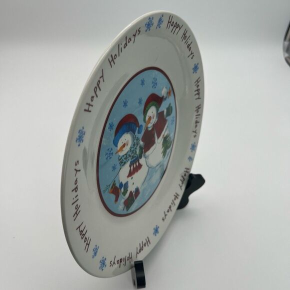 Winter Dinner Plate White Round Happy Holidays Snowflakes Snowman Couple Dish - Picture 4 of 12